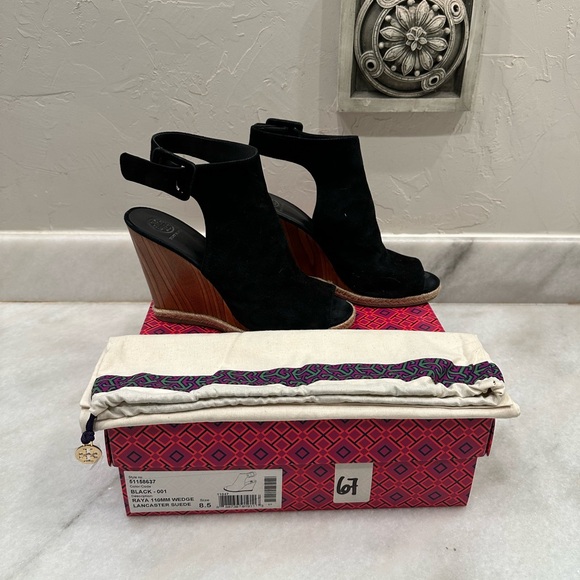 Tory Burch Black Raya Lancaster Suede Wedges - Picture 7 of 7